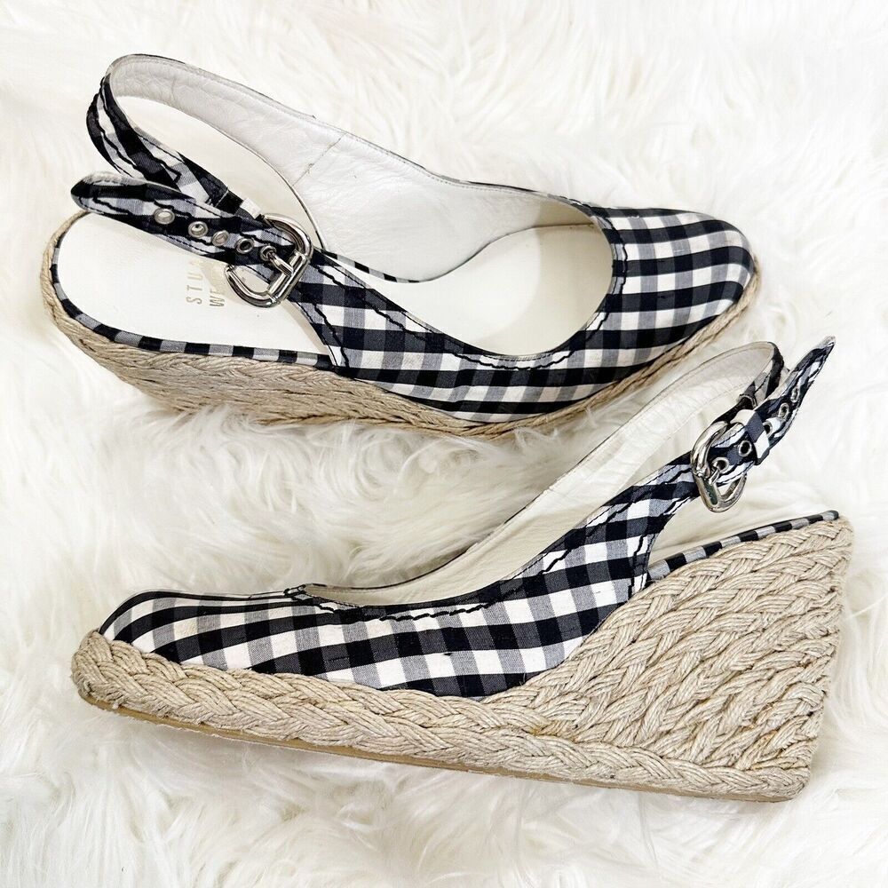 Stuart Weitzman Womens Espadrille Sandal Size 7 Closed Toe Wedge Checkered Beach